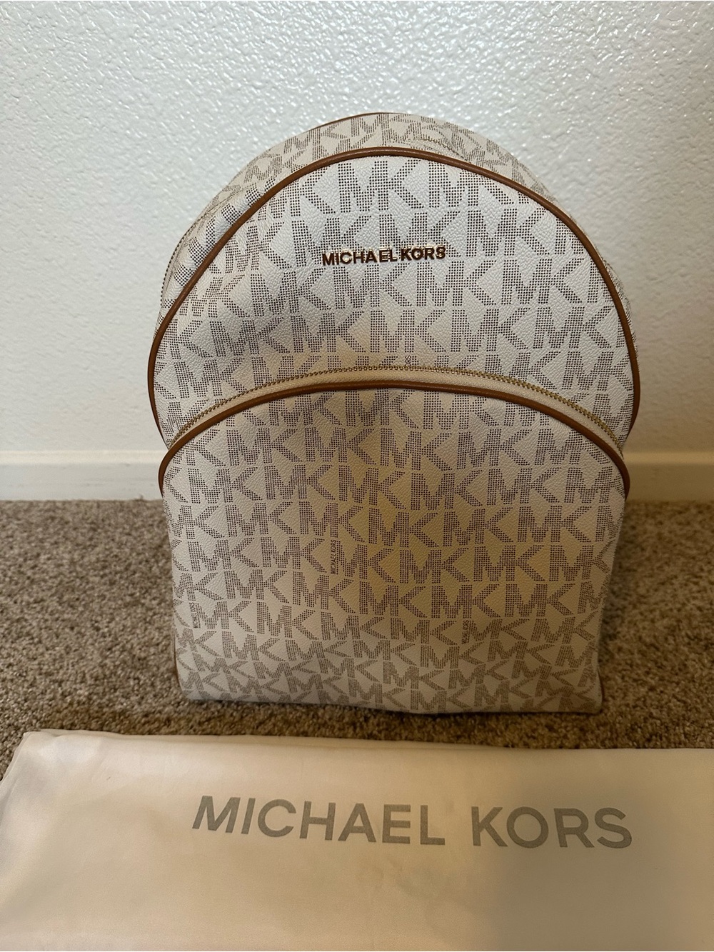 Michael Kors Abbey Large White MK Logo Backpack with Tan Trim
